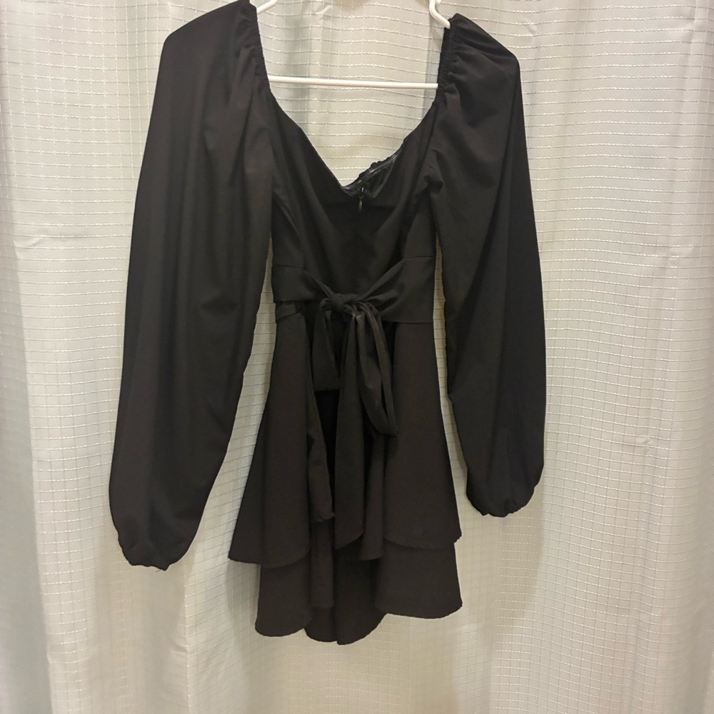 Black Long Sleeve Tiered Romper with Tie Waist